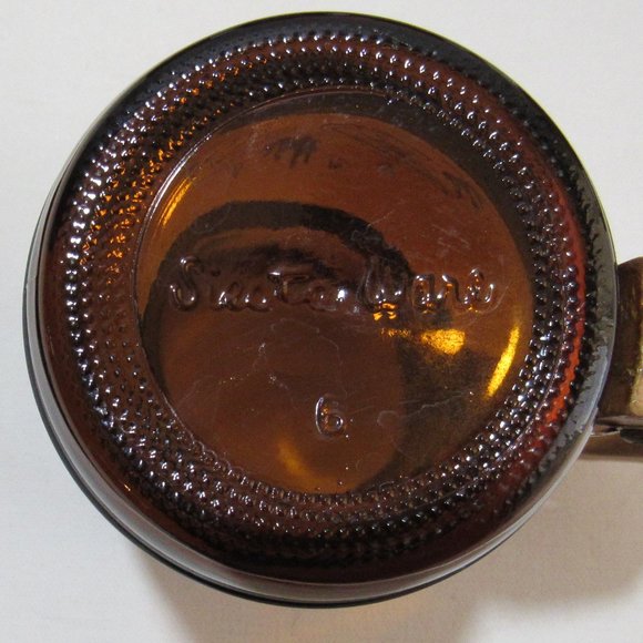 Vintage Siesta Ware Brown Barrel Amber Glass Mug Wood Handle Brass Trim Set of 5 - Picture 10 of 12